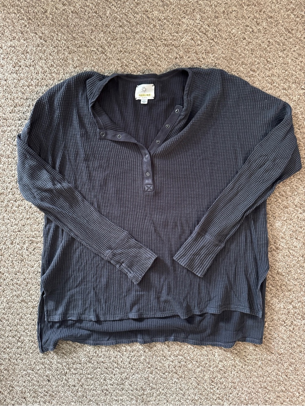 aerie Oversized Grey Waffle Henley Long Sleeve Top